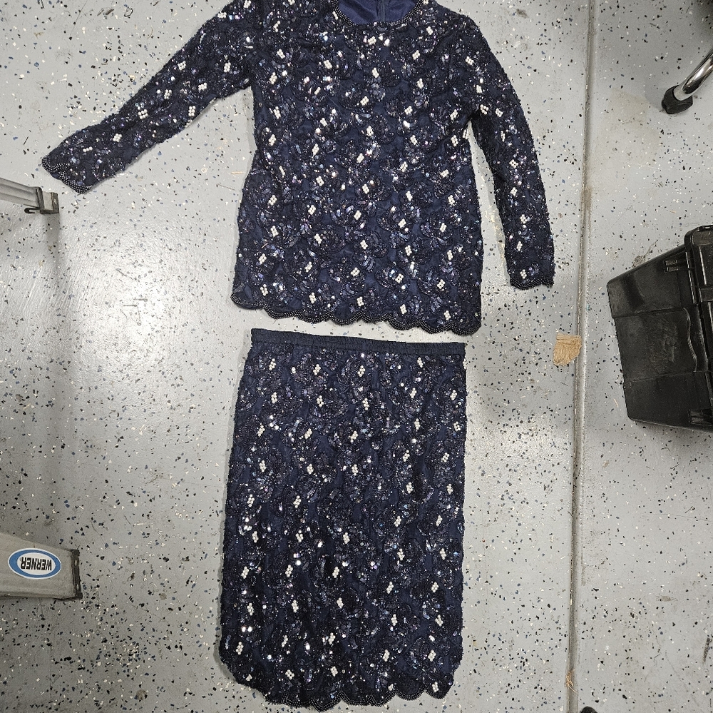 Elegant Navy Blue Lace Dress Set